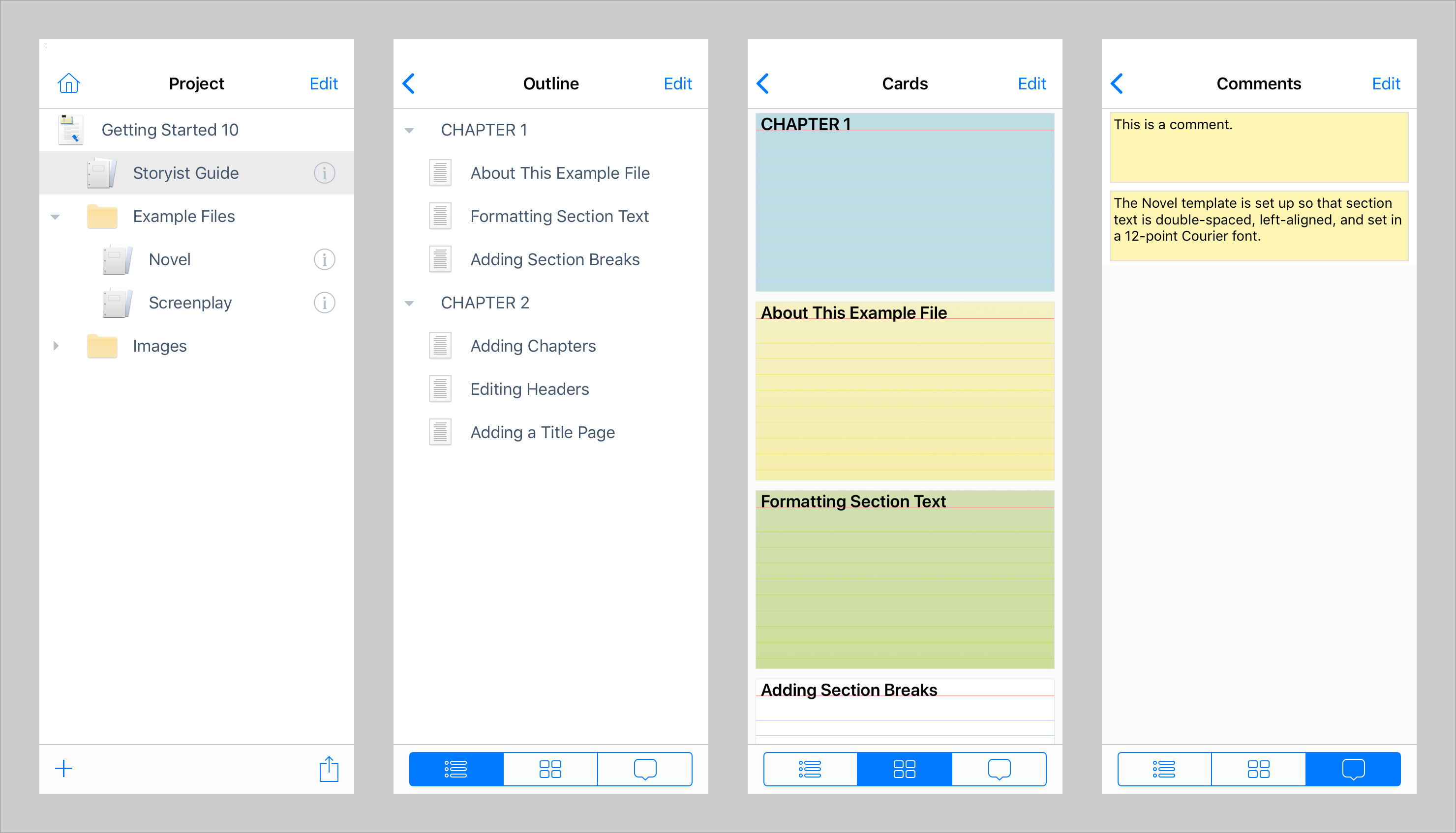 The Project, Outline, Cards, and Comments Views